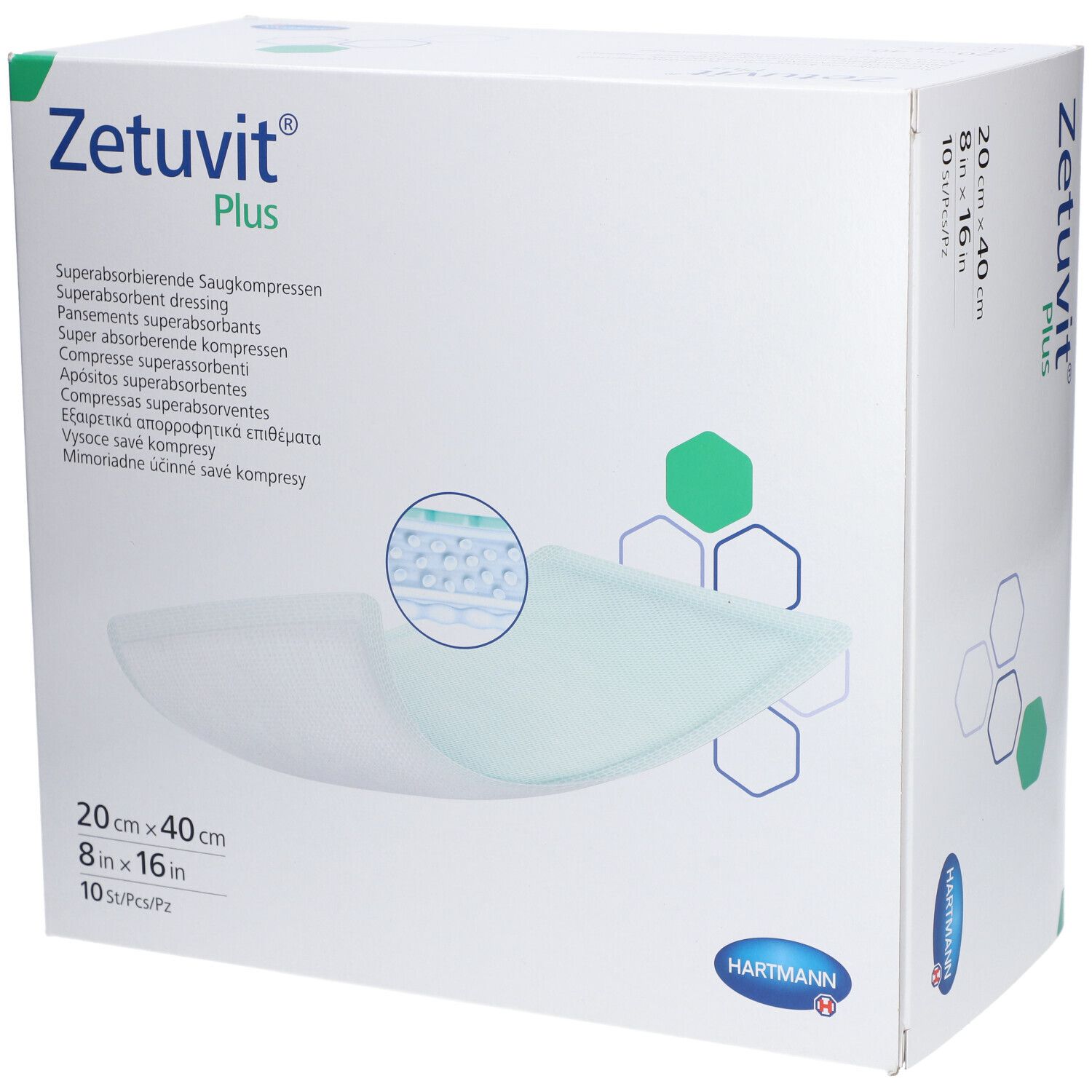 Verpackung von Zetuvit® Plus Wundauflage. Weißer Karton mit Produktnamen, Größenangaben und Hartmann-Logo. Abbildung der Wundauflage.