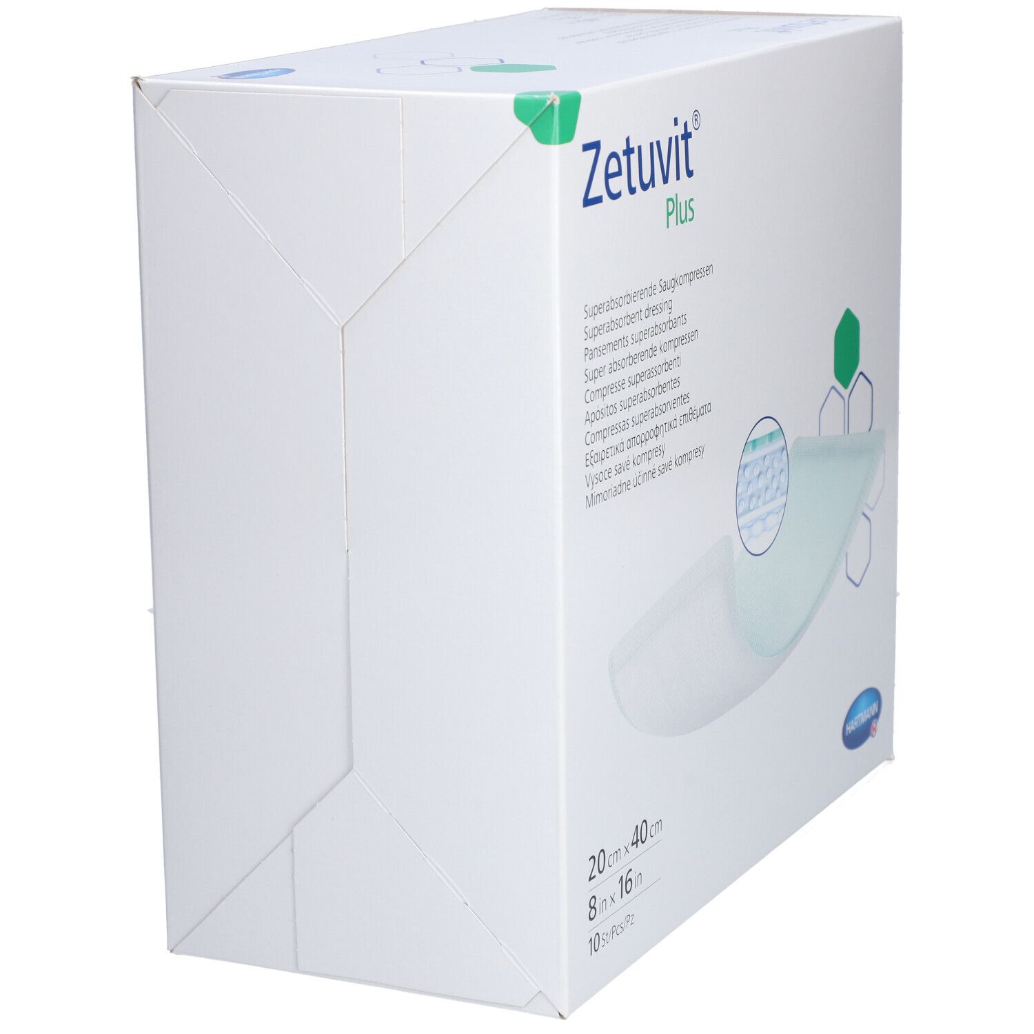 Seitenansicht der Zetuvit® Plus Verpackung. Weißer Karton mit Produktnamen und Größenangaben. Eckansicht.