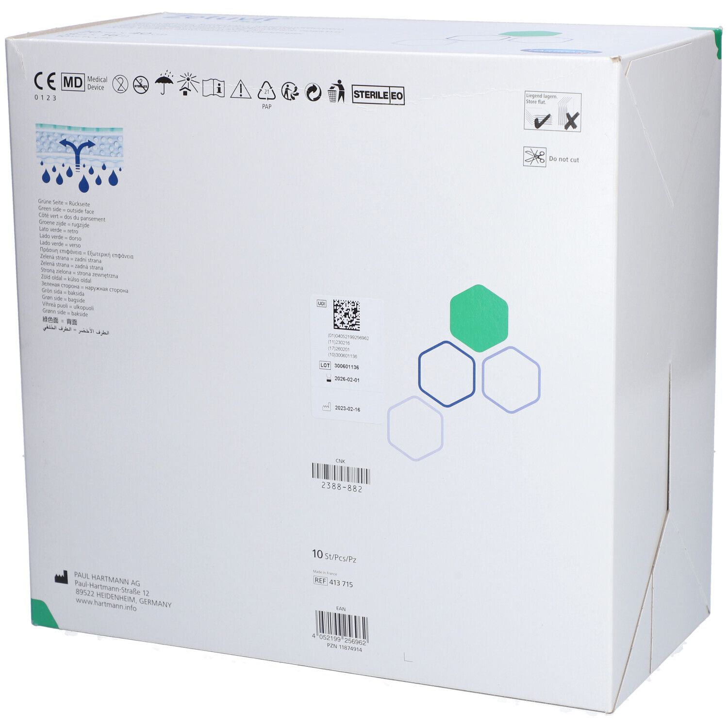 Rückseite der Zetuvit® Plus Verpackung. Weißer Karton mit Informationen, Symbolen und Barcode. CE-Kennzeichnung.