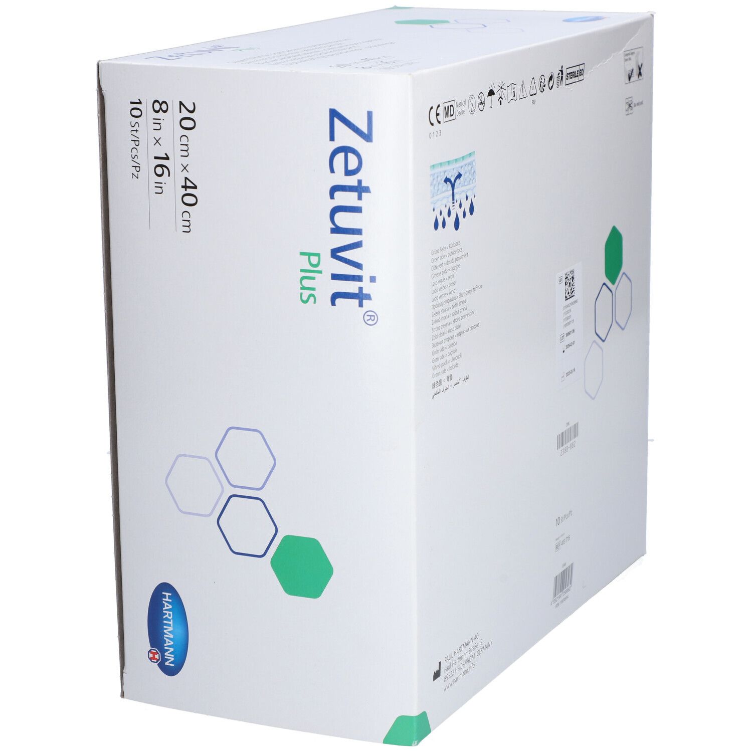 Zetuvit® Plus Verpackung. Weißer Karton mit Produktnamen, Größenangaben und Hartmann-Logo. Schrägansicht.