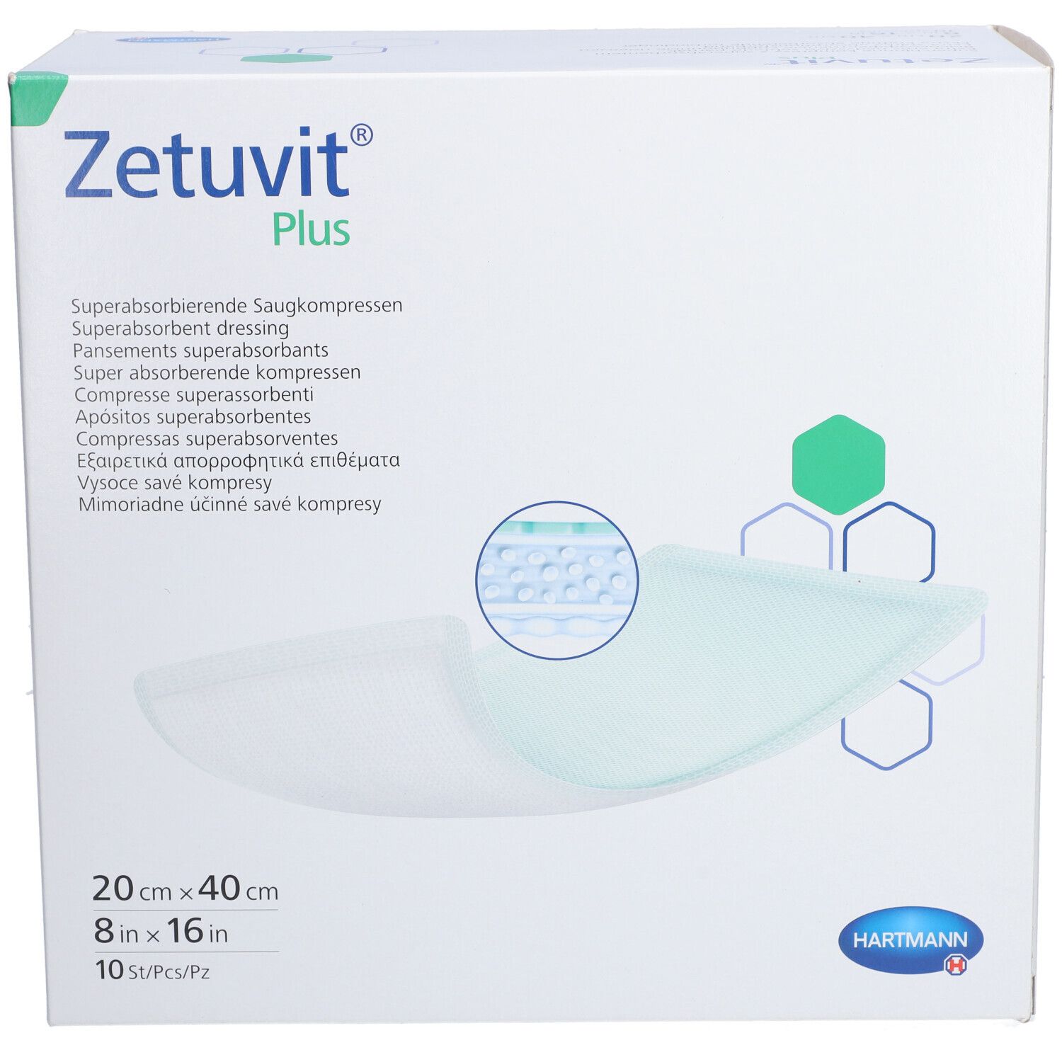 Zetuvit® Plus Verpackung. Weißer Karton mit Produktnamen, Größenangaben und Hartmann-Logo. Vorderansicht.