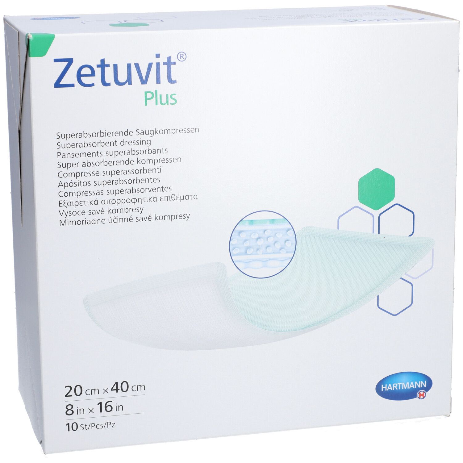 Zetuvit® Plus Verpackung. Weißer Karton mit Produktnamen, Größenangaben und Hartmann-Logo. Vorderansicht.