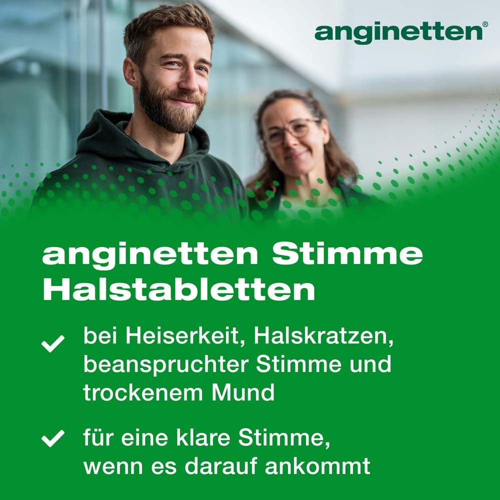 anginetten® Stimme Halstabletten. Text: Bei Heiserkeit, Halskratzen, beanspruchter Stimme und trockenem Mund. Für klare Stimme.