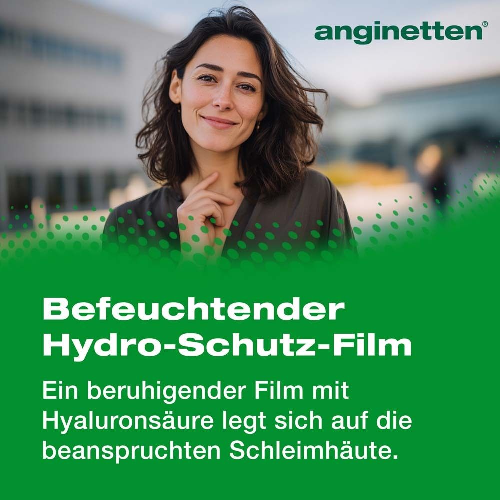 anginetten® Stimme. Text: Befeuchtender Hydro-Schutz-Film. Beruhigender Film mit Hyaluronsäure für beanspruchte Schleimhäute.