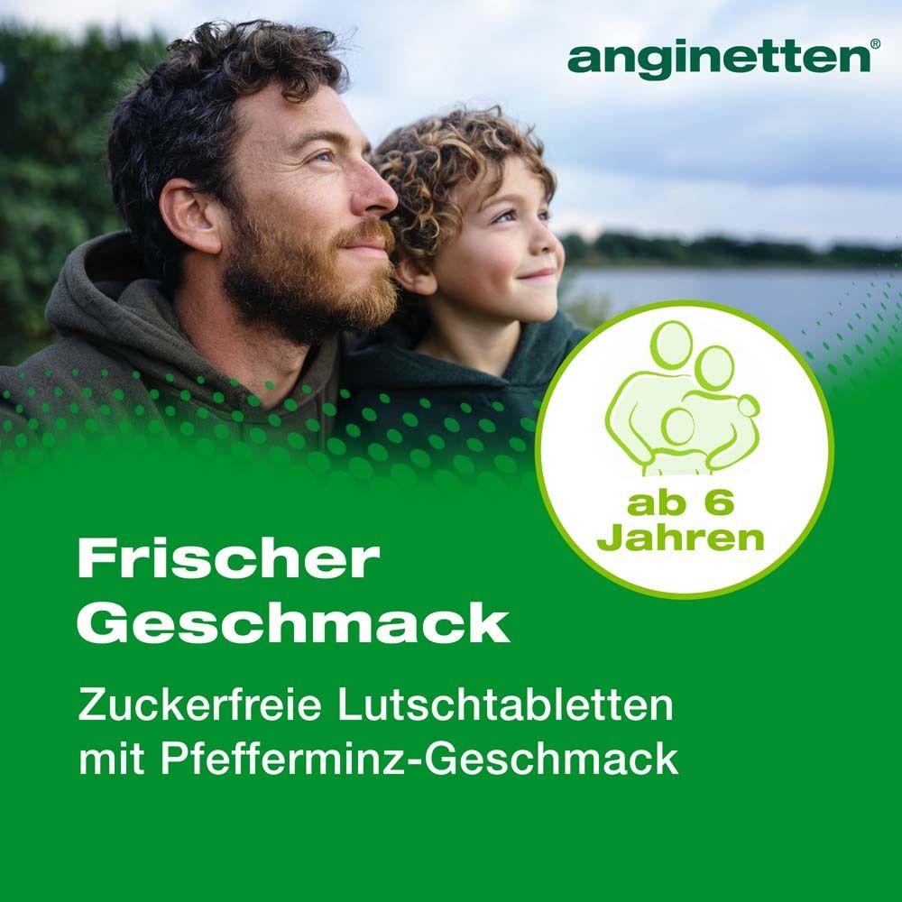 anginetten® Stimme. Text: Zuckerfreie Lutschtabletten mit Pfefferminz-Geschmack. Ab 6 Jahren.