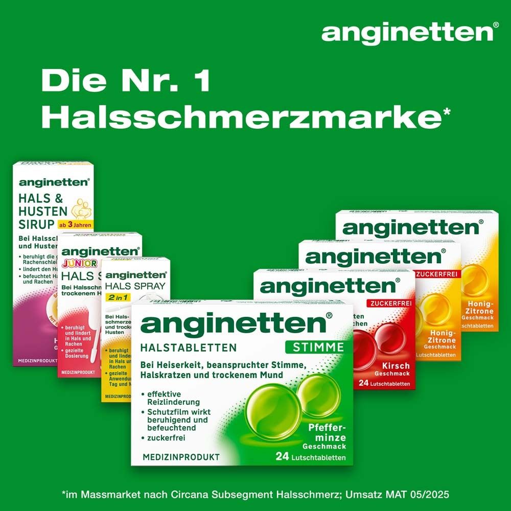 anginetten® Halstabletten. Verschiedene Packungen. Nr. 1 Halsschmerzmarke. Bei Heiserkeit, Halskratzen, trockenem Mund.