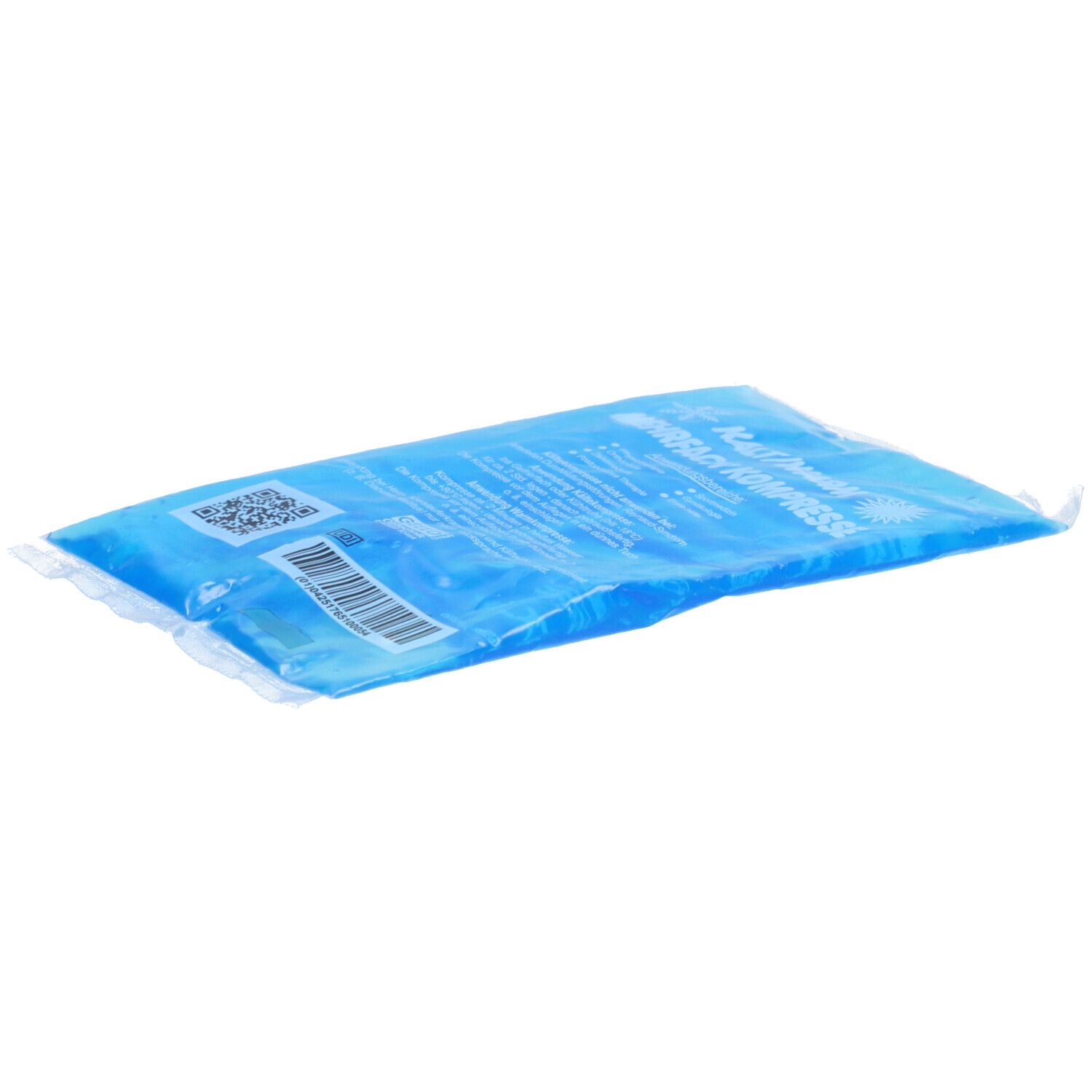 Blau transparente Mehrfachkompresse. Aufschrift und Barcode sichtbar. Ca. 9 x 16 cm.