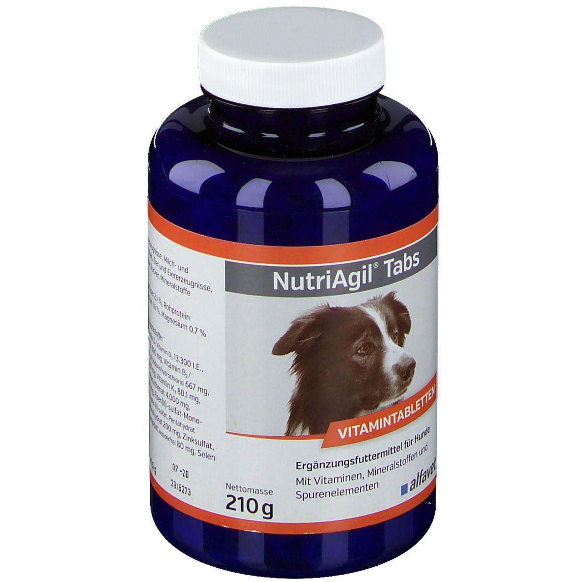 Blaue Flasche mit weißem Deckel. Aufschrift: NutriAgil Tabs, Bild eines Hundes. 210g, Vitamin-Tabletten.