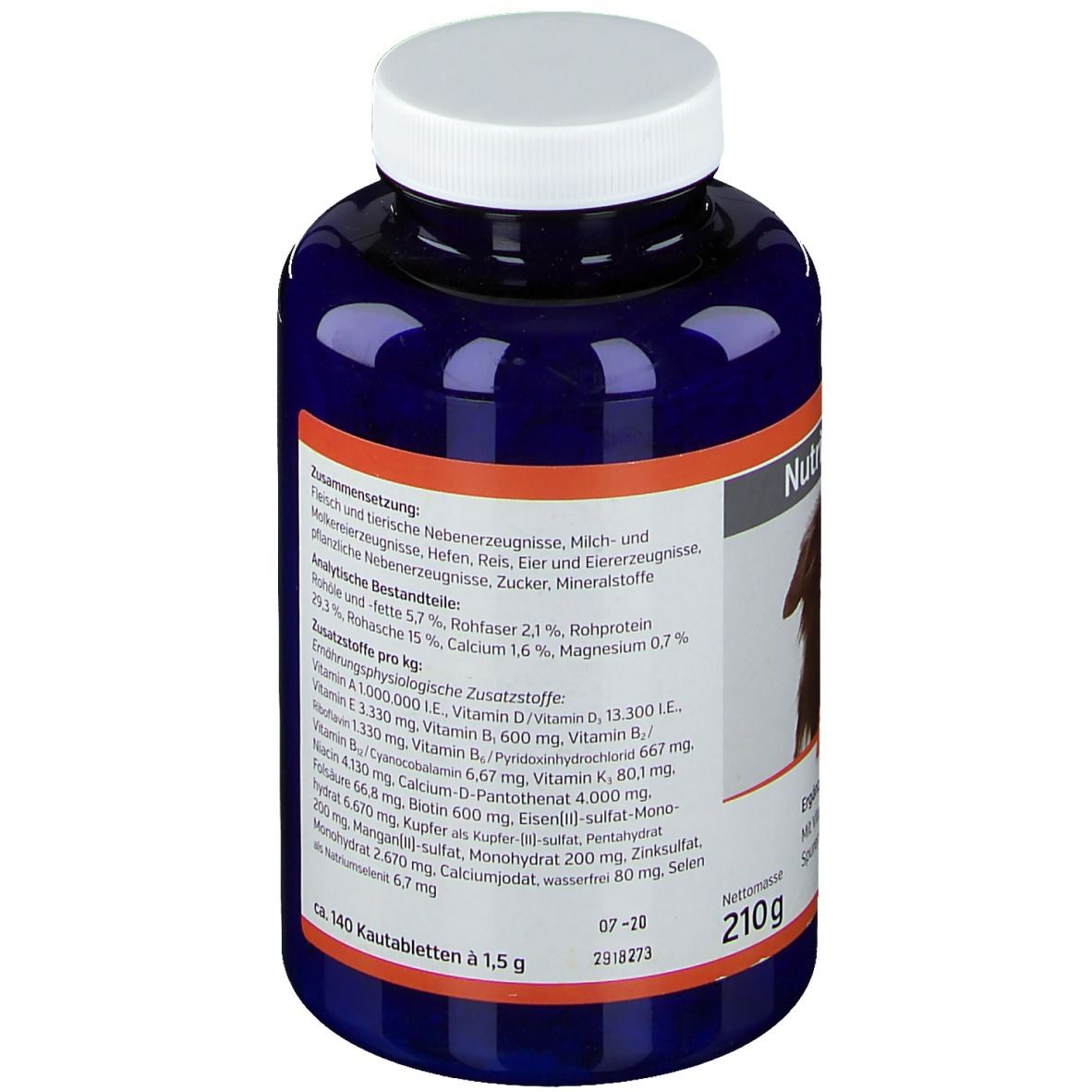 Rückseite der blauen Flasche mit weißem Deckel. Text: Zusammensetzung, analytische Bestandteile, Zusatzstoffe pro kg.