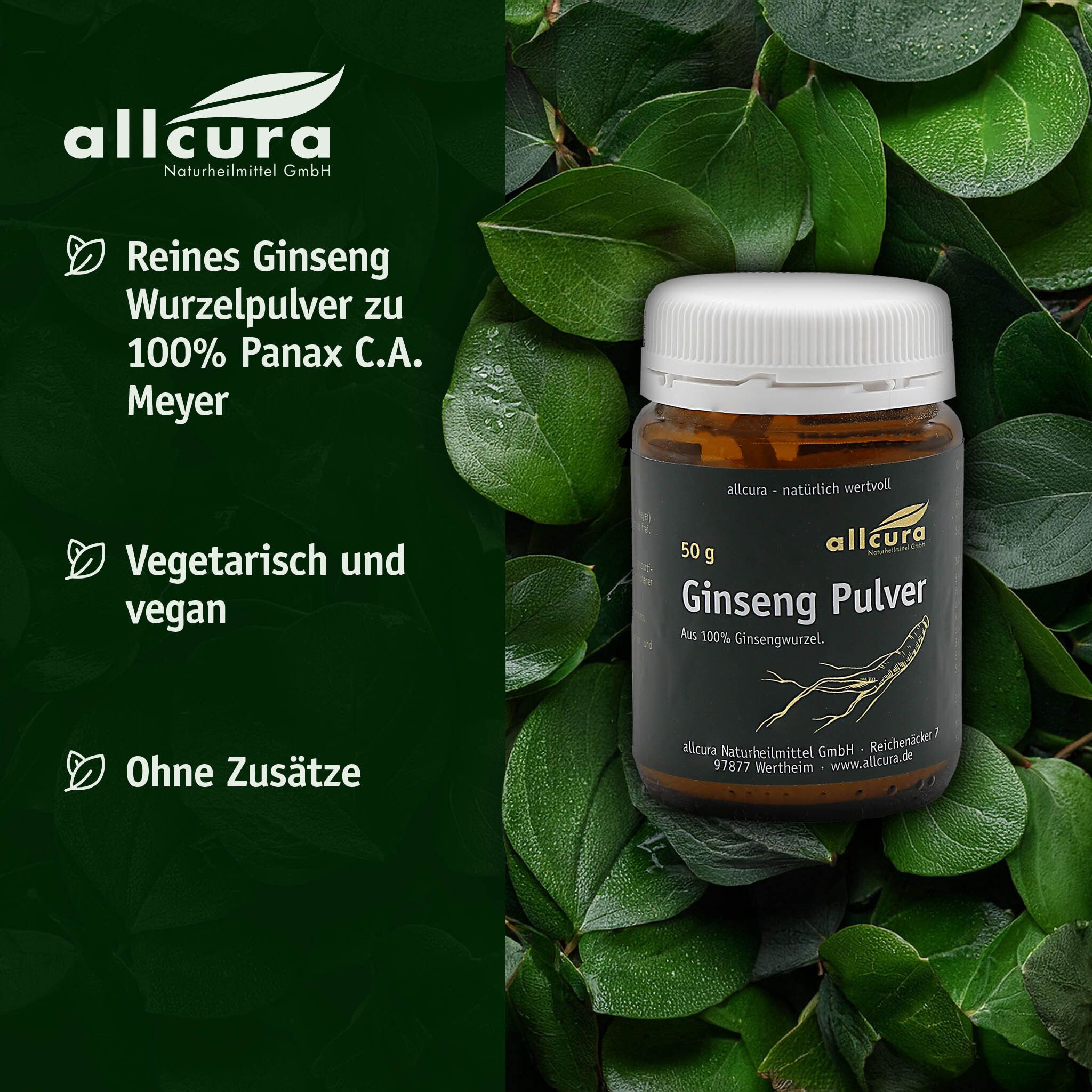 Glasdose mit Ginseng Pulver, umgeben von Blättern. Text: Reines Ginseng Wurzelpulver, vegetarisch, vegan, ohne Zusätze.