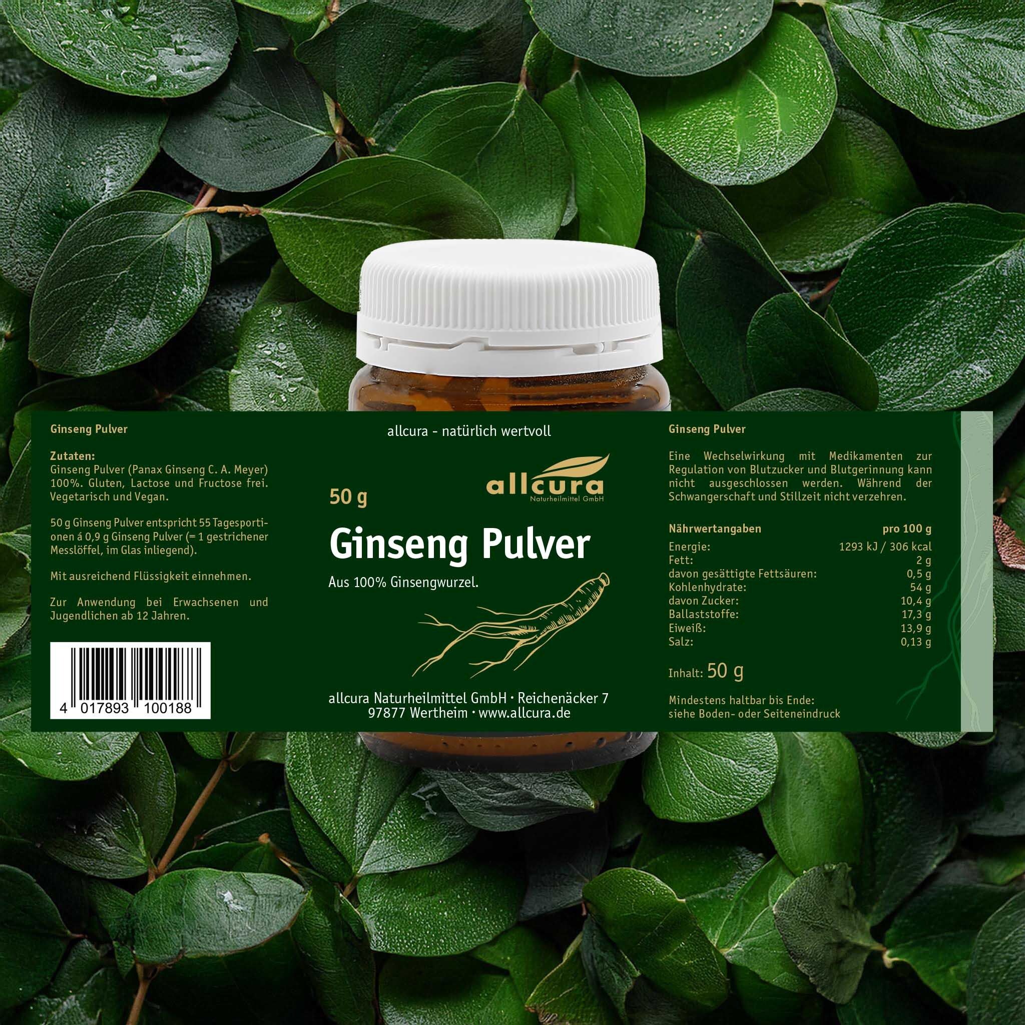 Glasdose mit Ginseng Pulver, umgeben von Blättern. Text: 50g Ginseng Pulver. Nährwertangaben. Barcode.