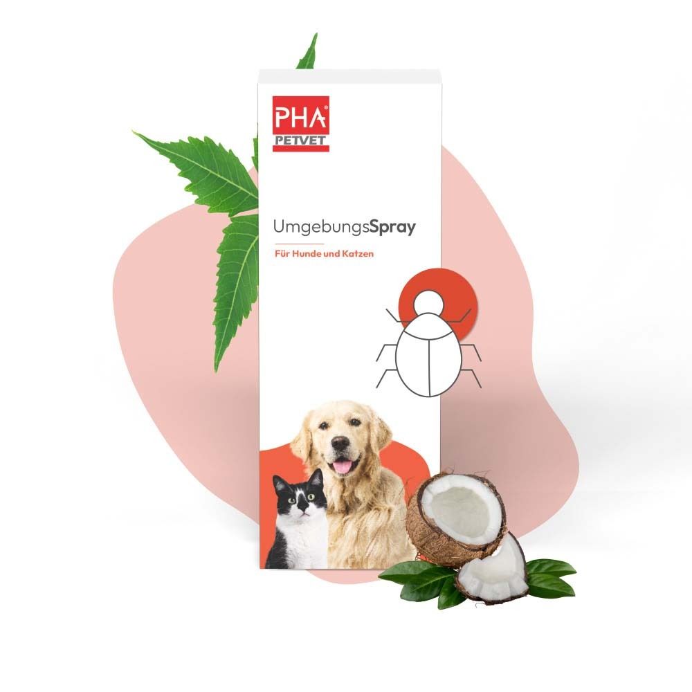 Produktverpackung mit Logo und Produktnamen. Hunde- und Katzenabbildung. Kokosnuss und Blätter.