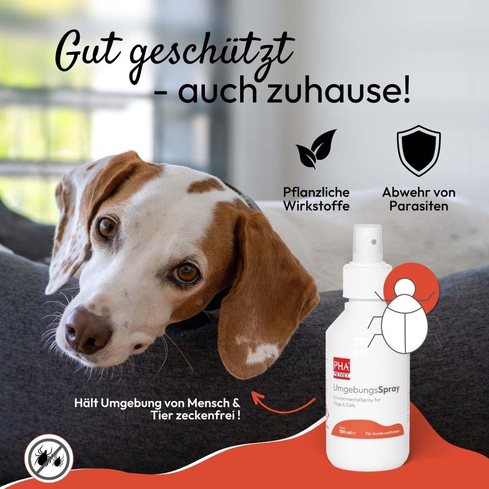 Hund liegt neben Sprühflasche. Text: Hält Umgebung von Mensch & Tier zeckenfrei! Produkt: UmgebungsSpray.
