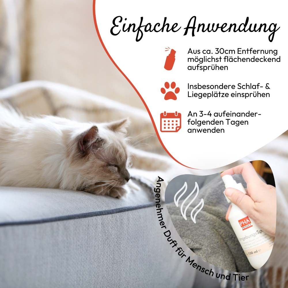 Katze mit Sprühflasche. Text: Einfache Anwendung. Logo und Produktname. 150 ml.