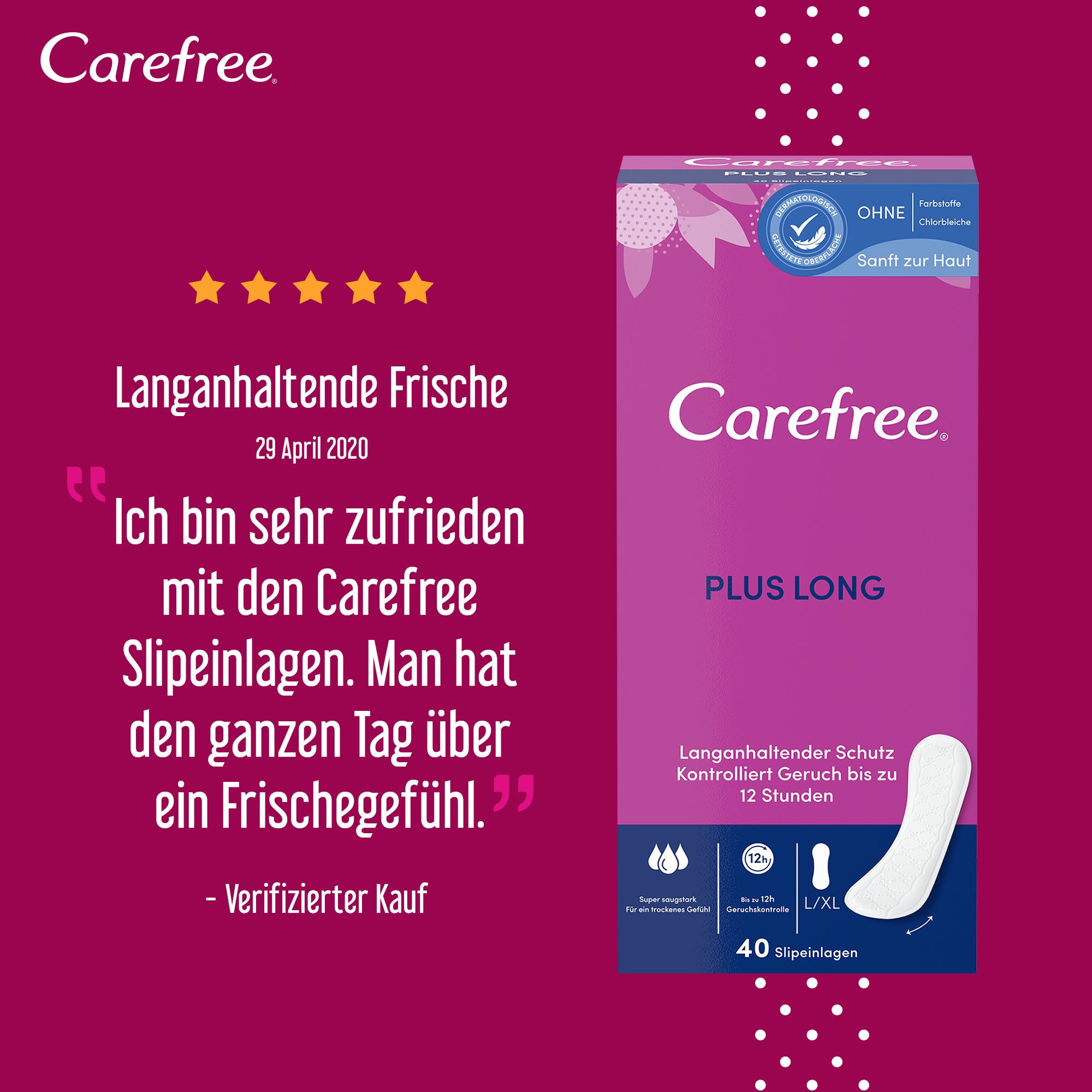 Carefree Plus Long Slipeinlagen. Verpackung mit Kundenbewertung und Produktabbildung.