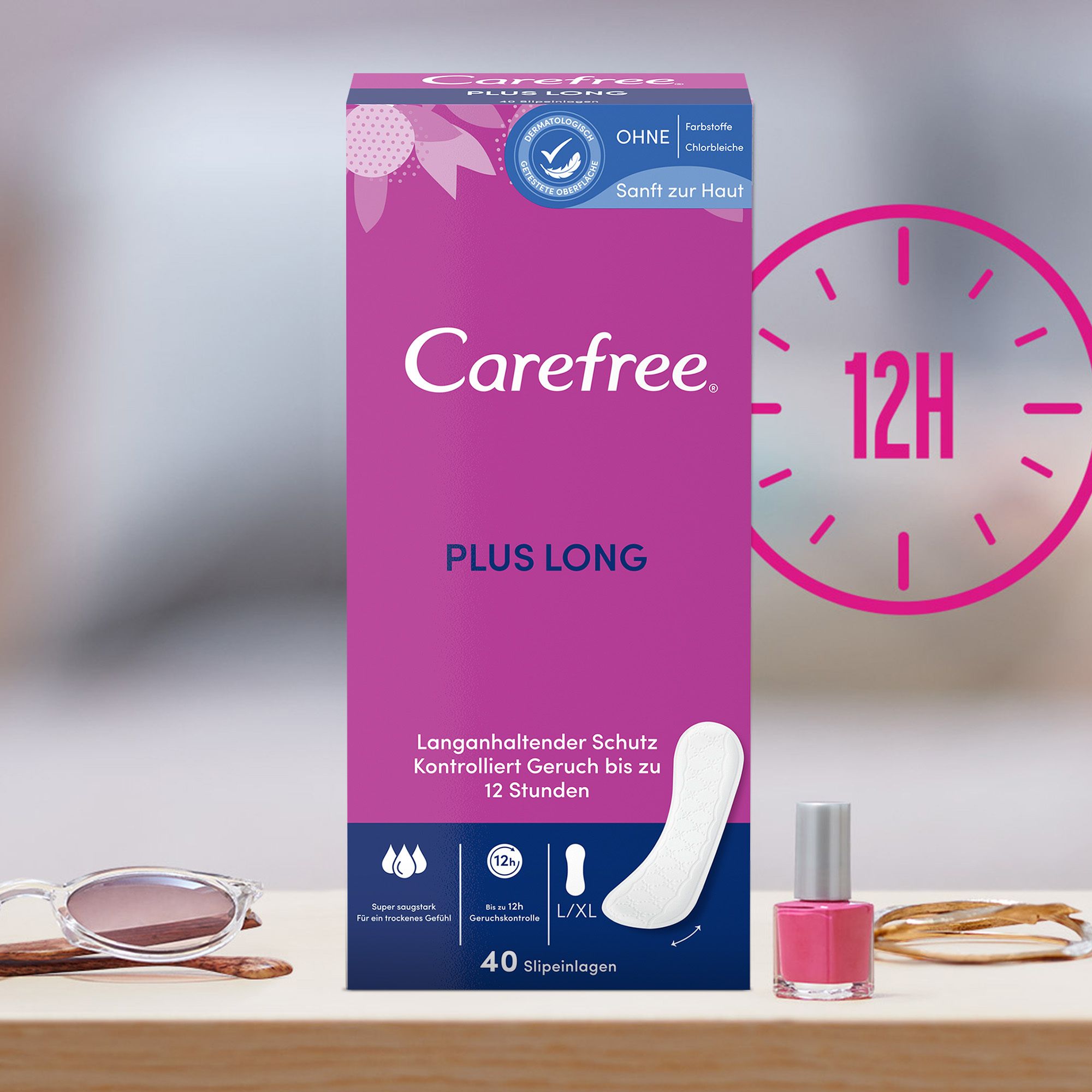 Carefree Plus Long Slipeinlagen. Verpackung mit Produktabbildung, 12h Schutz und Accessoires.