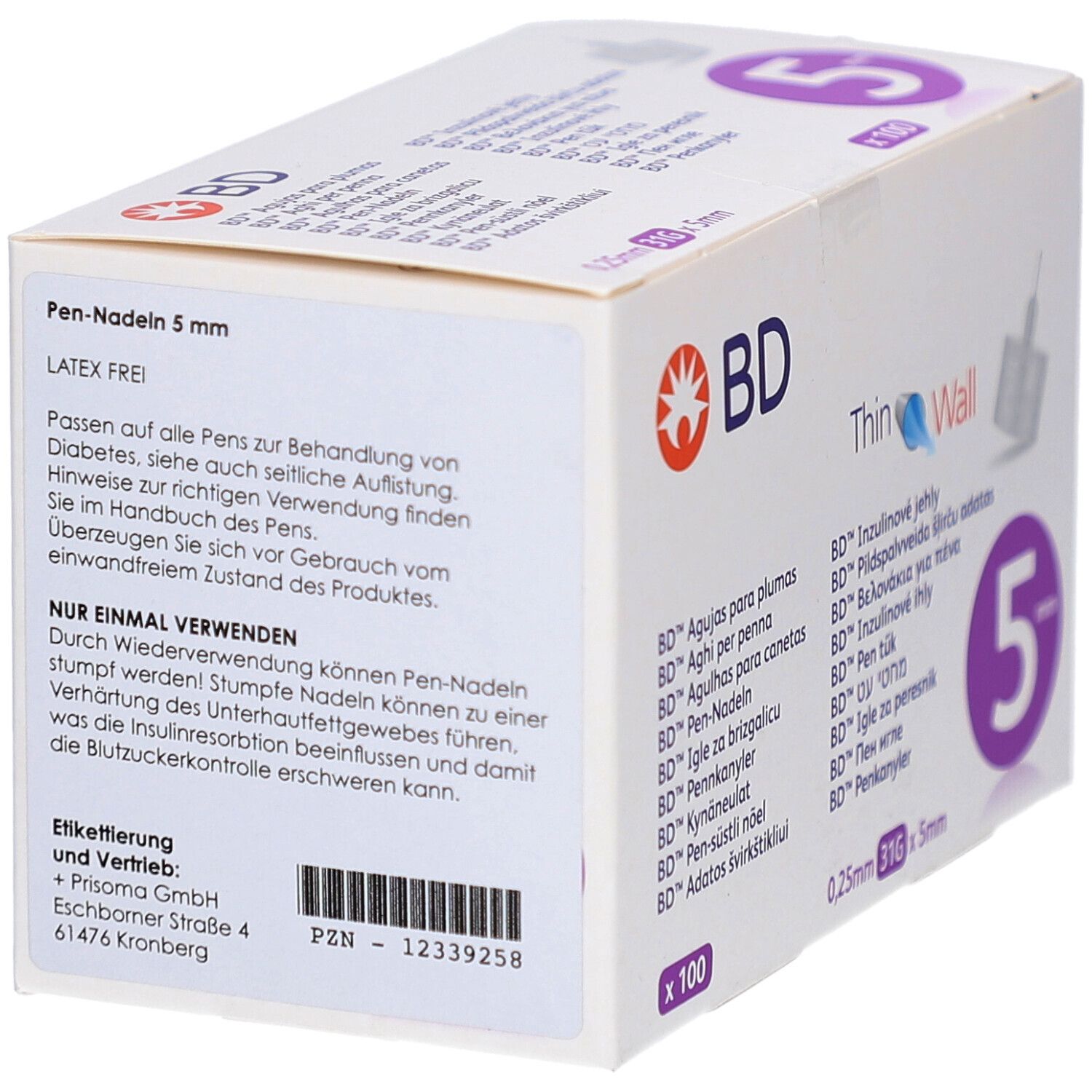 Verpackung von Pen-Nadeln 5 mm. Latexfrei. Aufdruck: Nur einmal verwenden. Marke BD. PZN-12339258.