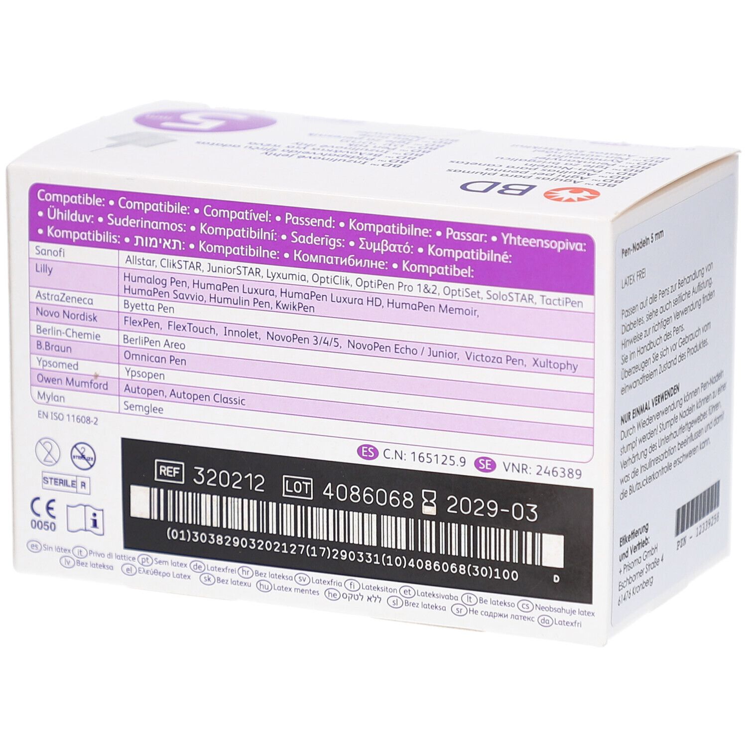 Rückseite der Verpackung von Pen-Nadeln. Kompatibilitätsliste für Pens. Aufdruck: REF 320212, LOT 4086068, 2029-03.