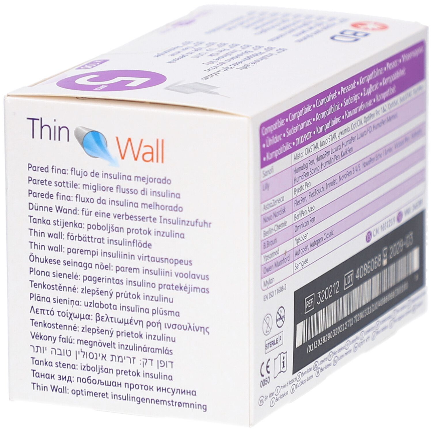 Rückseite der Verpackung von Pen-Nadeln. Text über verbesserte Insulinzufuhr. Marke BD, Thin Wall.