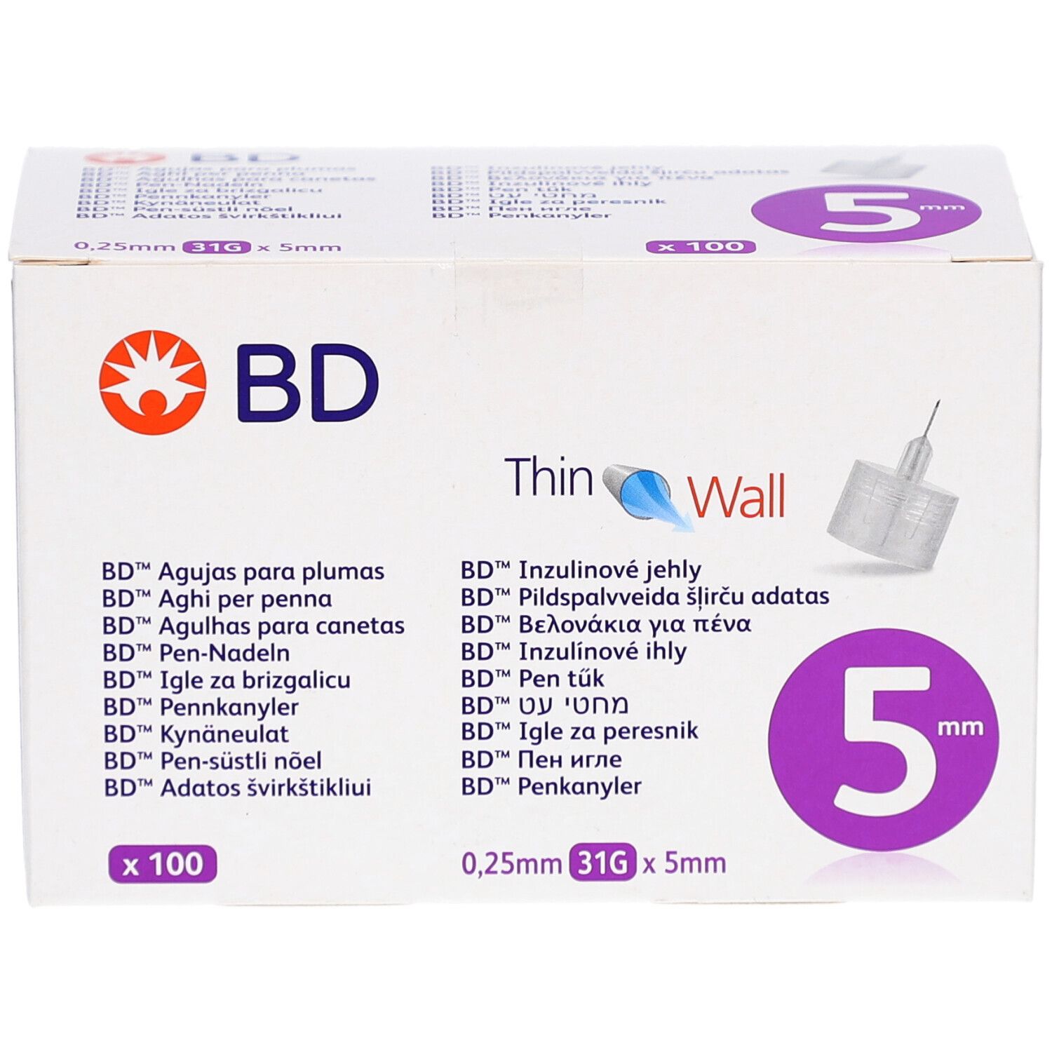 Verpackung von BD Pen-Nadeln. Enthält 100 Nadeln. Aufdruck: 5 mm, 31G x 0,25 mm. Marke BD, Thin Wall.