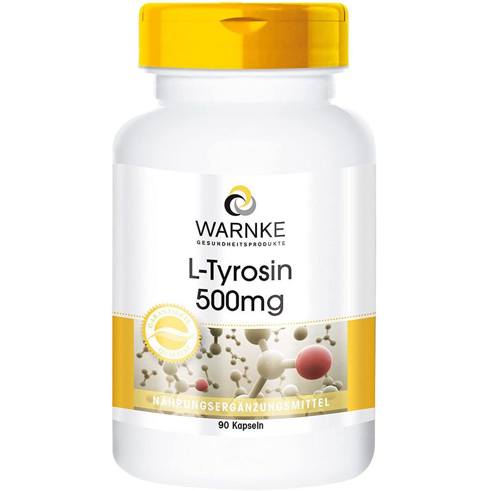 Weiße Flasche mit gelbem Deckel. Aufschrift: WARNKE L-Tyrosin 500mg. 90 Kapseln. Nahrungsergänzungsmittel.