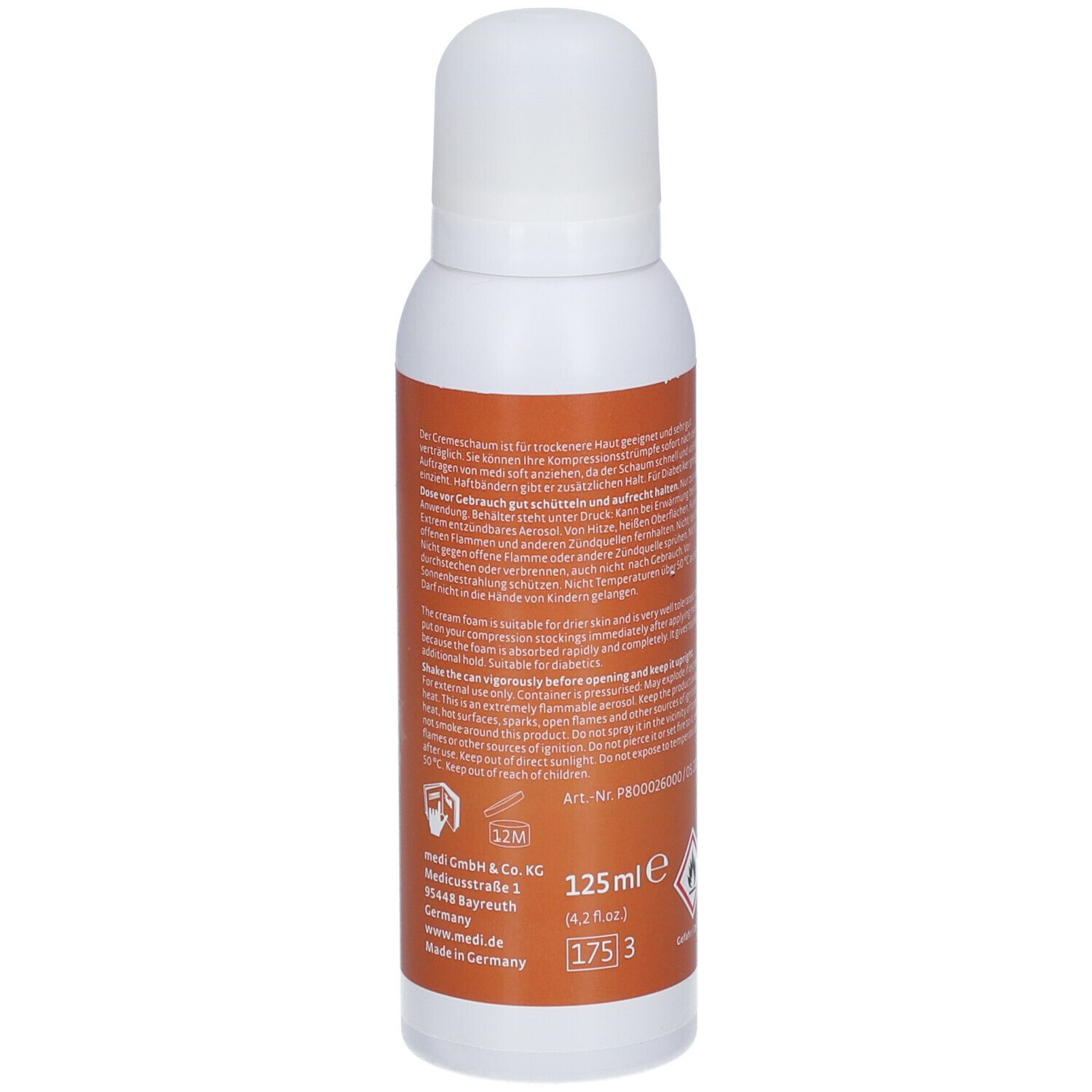 Rückseite einer weißen Sprühflasche mit orangefarbenem Etikett. Text, Warnhinweise und Volumenangabe: 125ml.