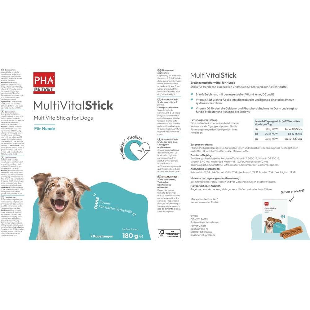 Verpackung mit Produktabbildung und Text. Aufschrift: MultiVitalStick. Produktinformationen und Fütterungsempfehlung.