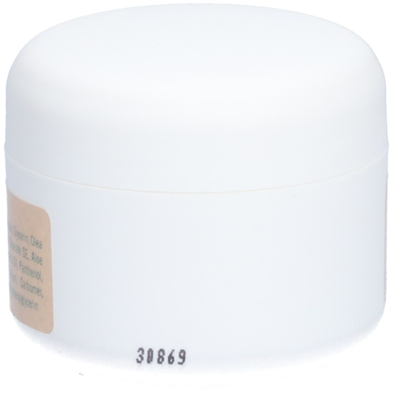 Weiße Creme-Dose. Aufschrift: 30869. Kleines braunes Etikett mit Text.
