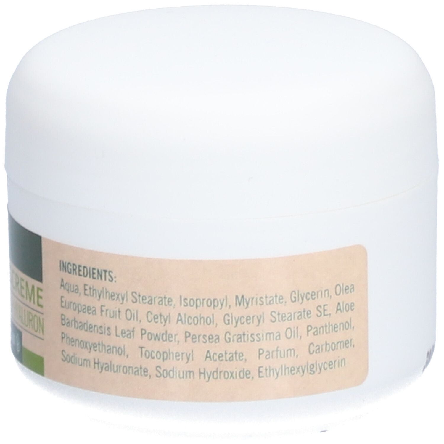 Weiße Creme-Dose. Aufschrift: INGREDIENTS: Aqua, etc. Kleines braunes Etikett mit Inhaltsstoffen.