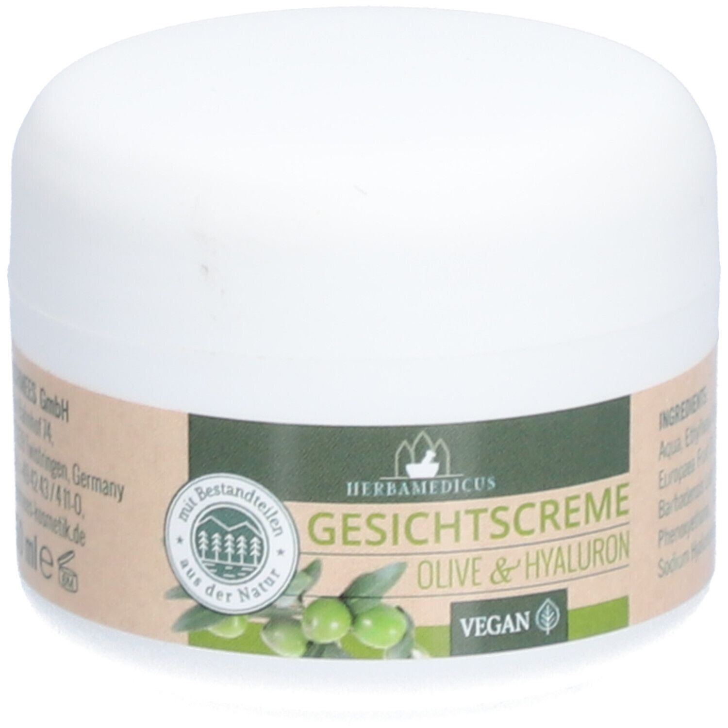 Weiße Creme-Dose mit Etikett. Aufschrift: Herbamedicus Gesichtscreme Olive & Hyaluron. Vegan-Siegel. Inhaltsstoffe.