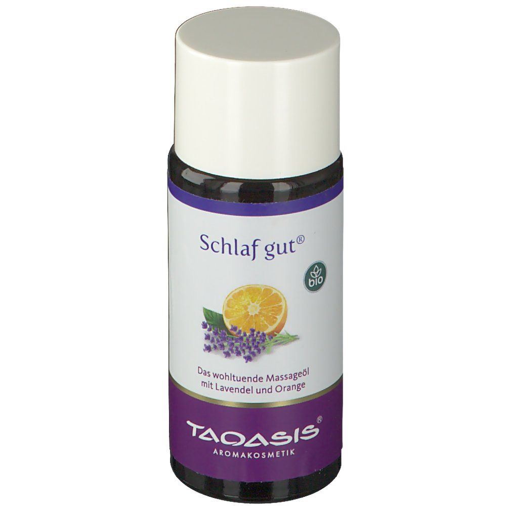 Kleine Flasche mit weißem Deckel. Aufschrift: Schlaf gut, Bio-Siegel, Lavendel, Orange. Marke: TAOASIS.