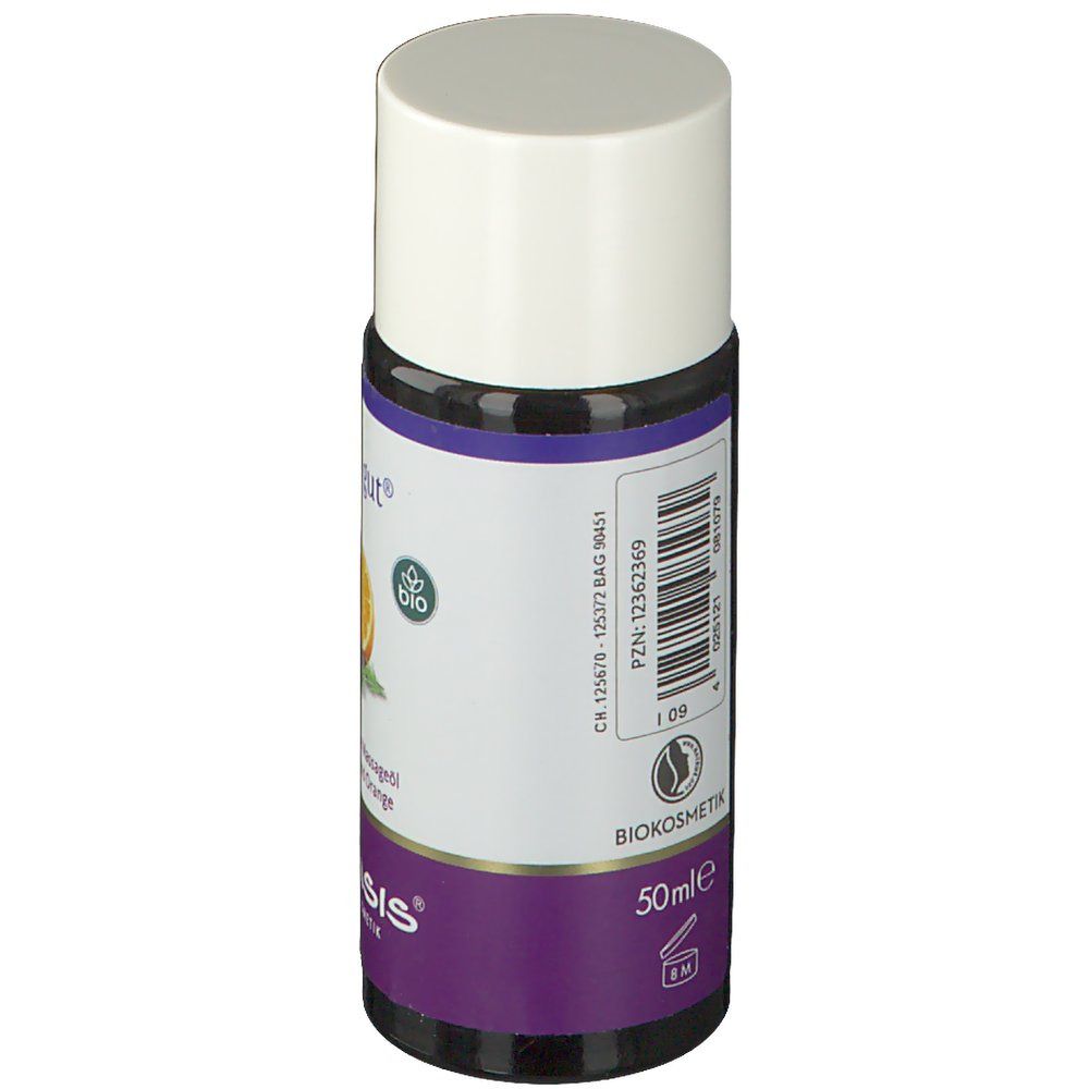 Kleine Flasche, Rückseite mit Etikett. Text: 50ml, Barcode, Bio-Siegel. Marke: TAOASIS.