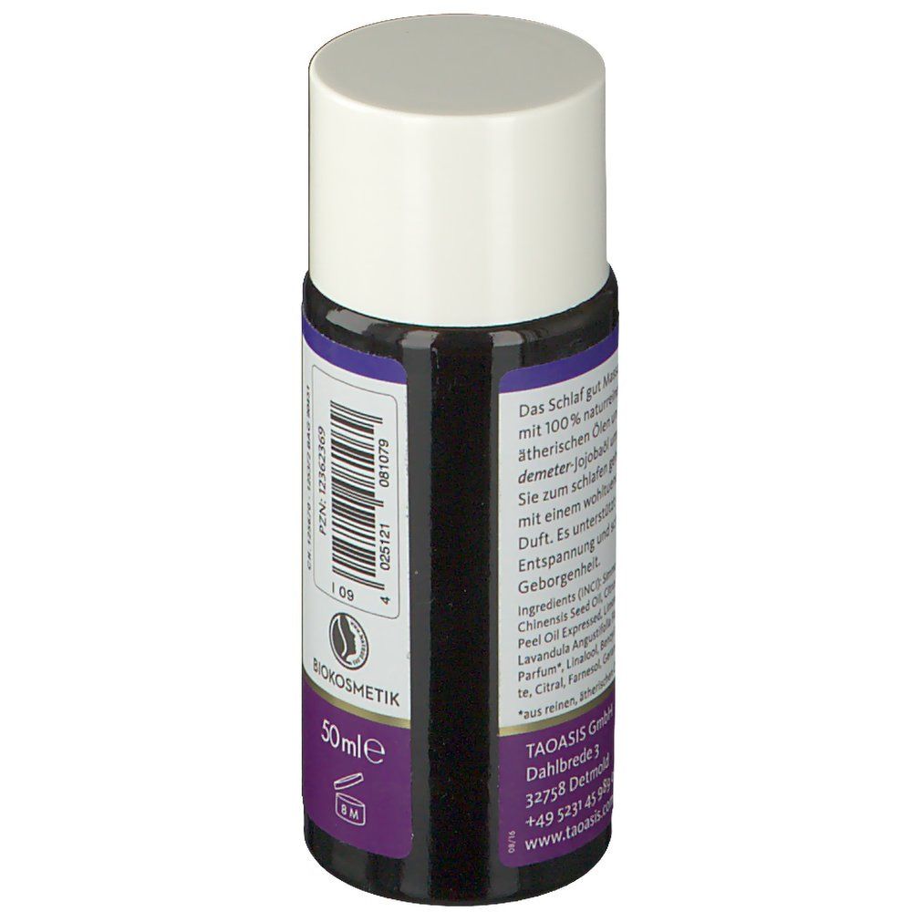 Kleine Flasche, Rückseite mit Text. Text: Inhaltsstoffe, 50ml, Bio-Siegel. Marke: TAOASIS.