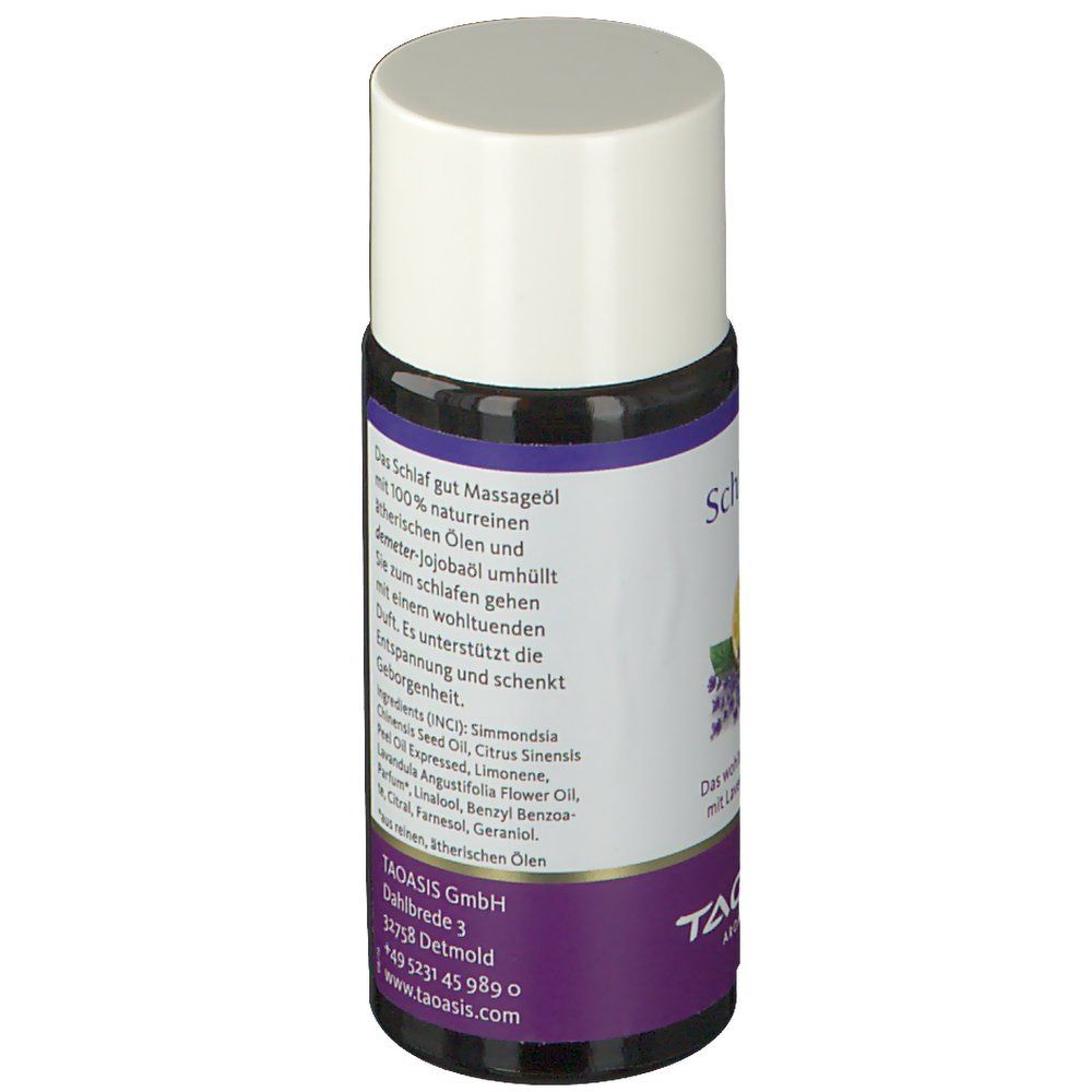 Kleine Flasche, Rückseite mit Text. Text: Massageöl, Inhaltsstoffe, 50ml. Marke: TAOASIS.