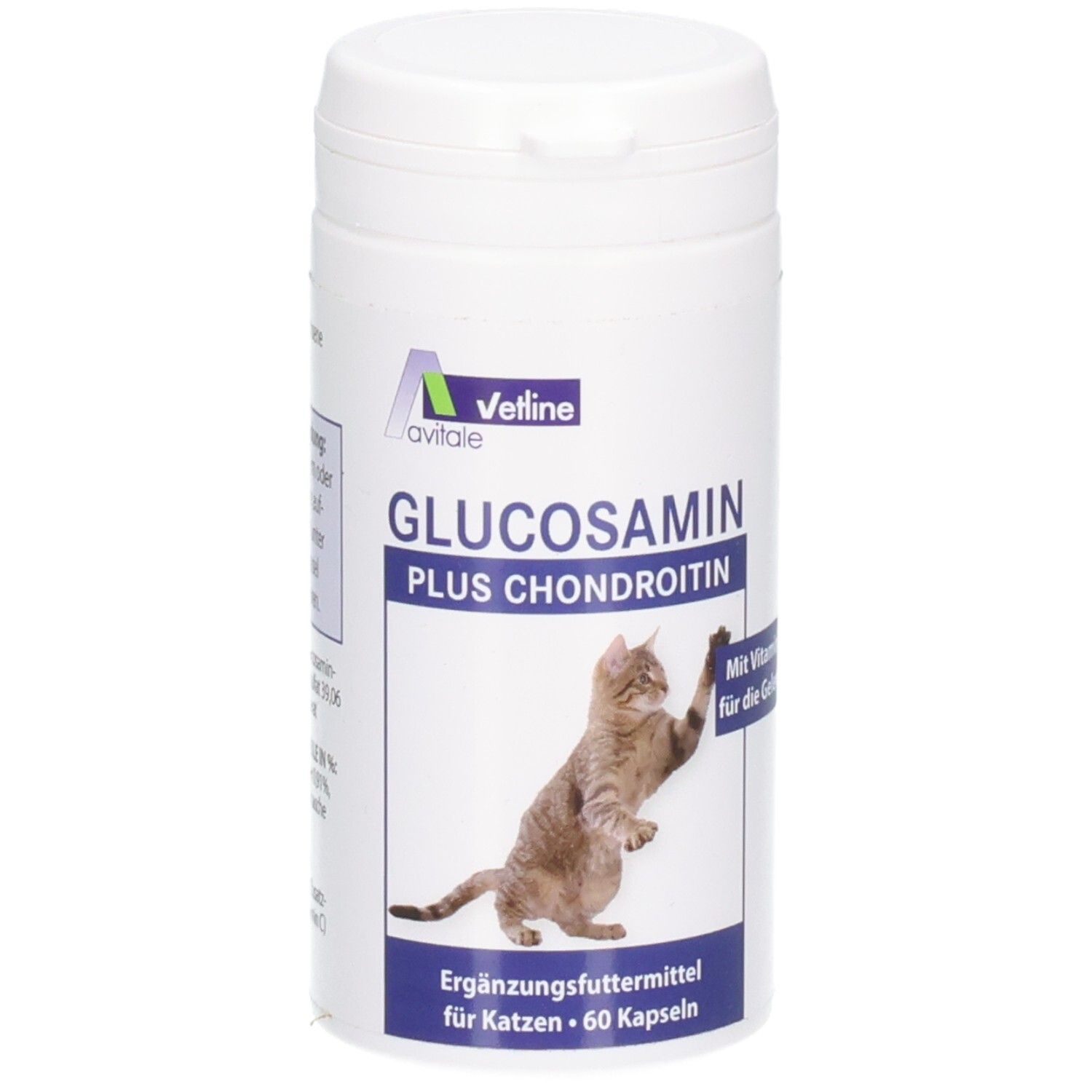 Weiße Dose mit Deckel. Aufschrift: Glucosamin Plus Chondroitin. Abbildung einer Katze. 60 Kapseln.