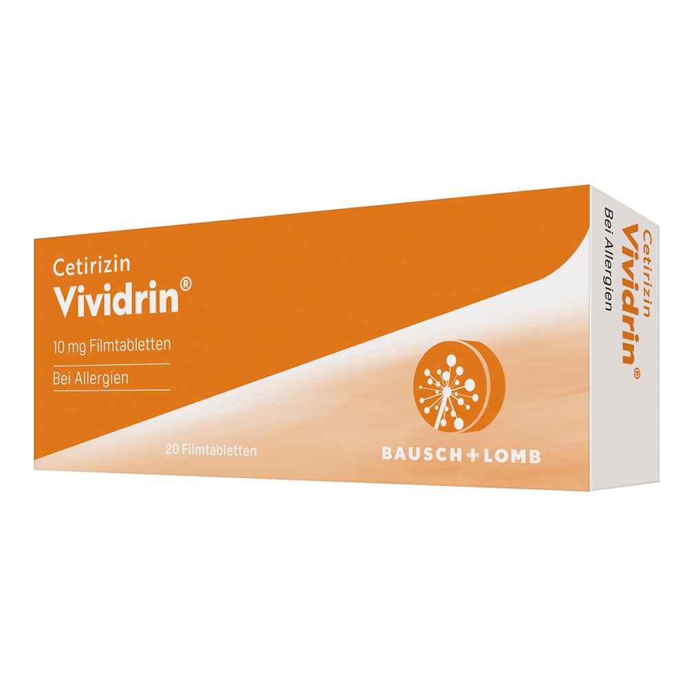 Schachtel mit Cetirizin Vividrin®. Orange-weißes Design. Aufschrift: 10 mg Filmtabletten, Bei Allergien, Bausch + Lomb.