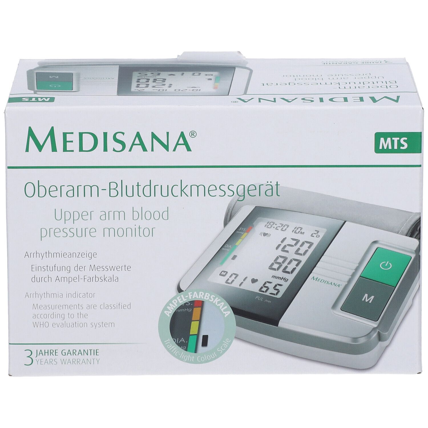 Medisana Oberarm-Blutdruckmessgerät MTS in Verpackung. Gerät mit Display, grüner Taste und Ampelfarbskala. 3 Jahre Garantie.