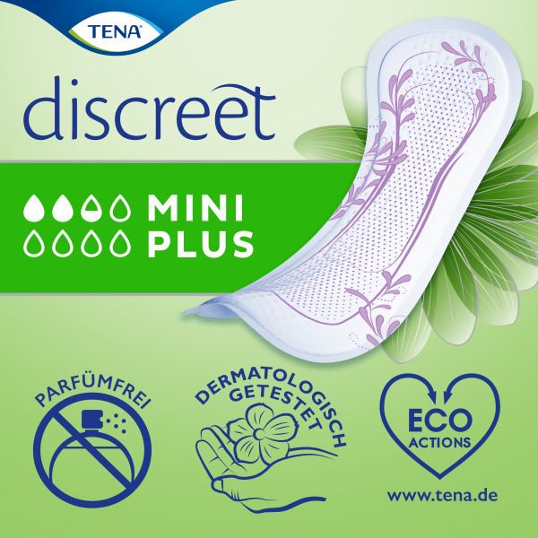 TENA Discreet Einlage mit floralem Muster. Logos: Parfumfrei, dermatologisch getestet, Eco Actions. Hintergrund grün.