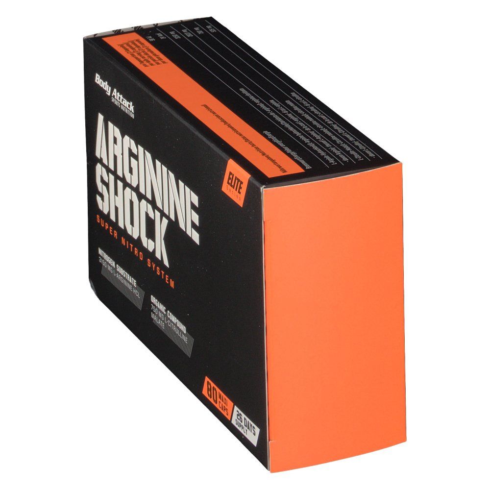 Schwarze Schachtel mit "Body Attack Arginine Shock"-Logo. Orangefarbene Seite sichtbar.