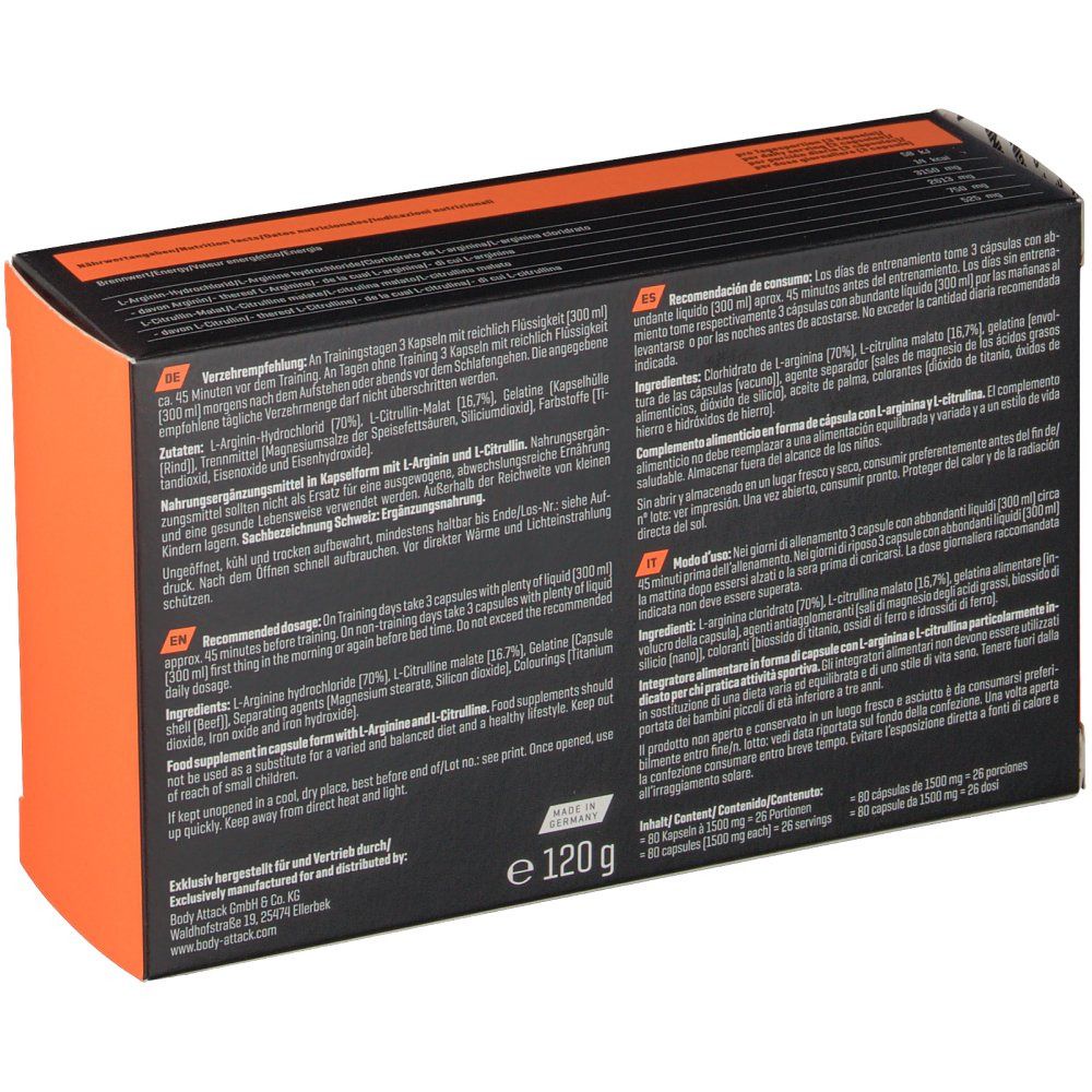 Rückseite der Schachtel mit Text in mehreren Sprachen. Orangefarbene Seite.