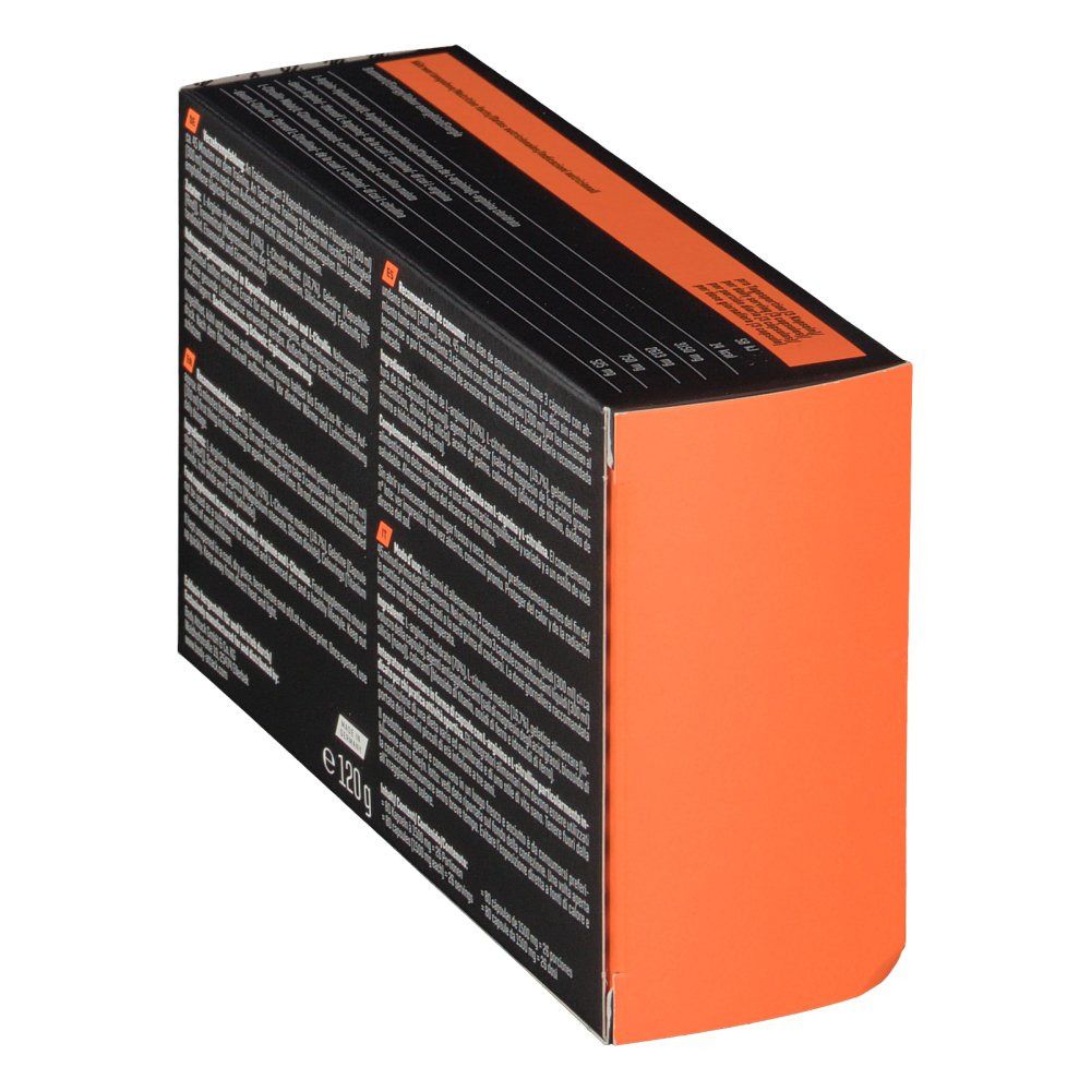 Schachtelrückseite mit Text. Orangefarbene Seite.