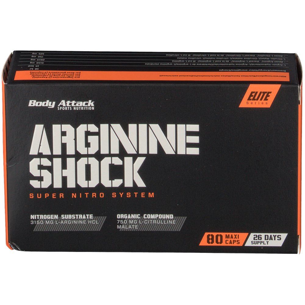 Schwarze Schachtel mit "Body Attack Arginine Shock"-Logo. Enthält 80 Kapseln. Orangefarbene Akzente.