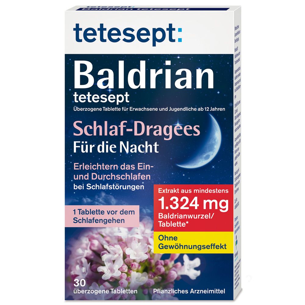 Schachtel mit tetesept® Baldrian Schlaf-Dragees. Vorderseite mit Produktnamen, Mond, Blüten und Inhaltsangaben.