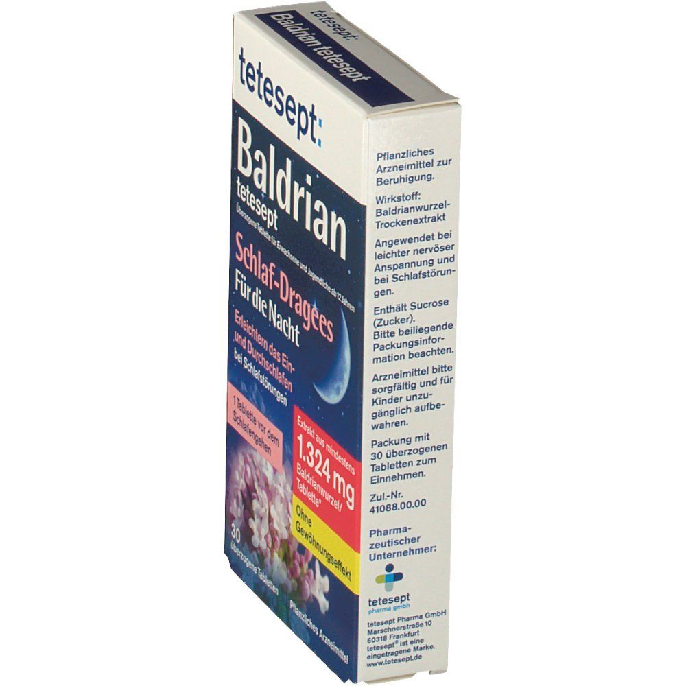 Schachtel tetesept® Baldrian Schlaf-Dragees. Seitenansicht mit Produktnamen und Inhaltsangaben.