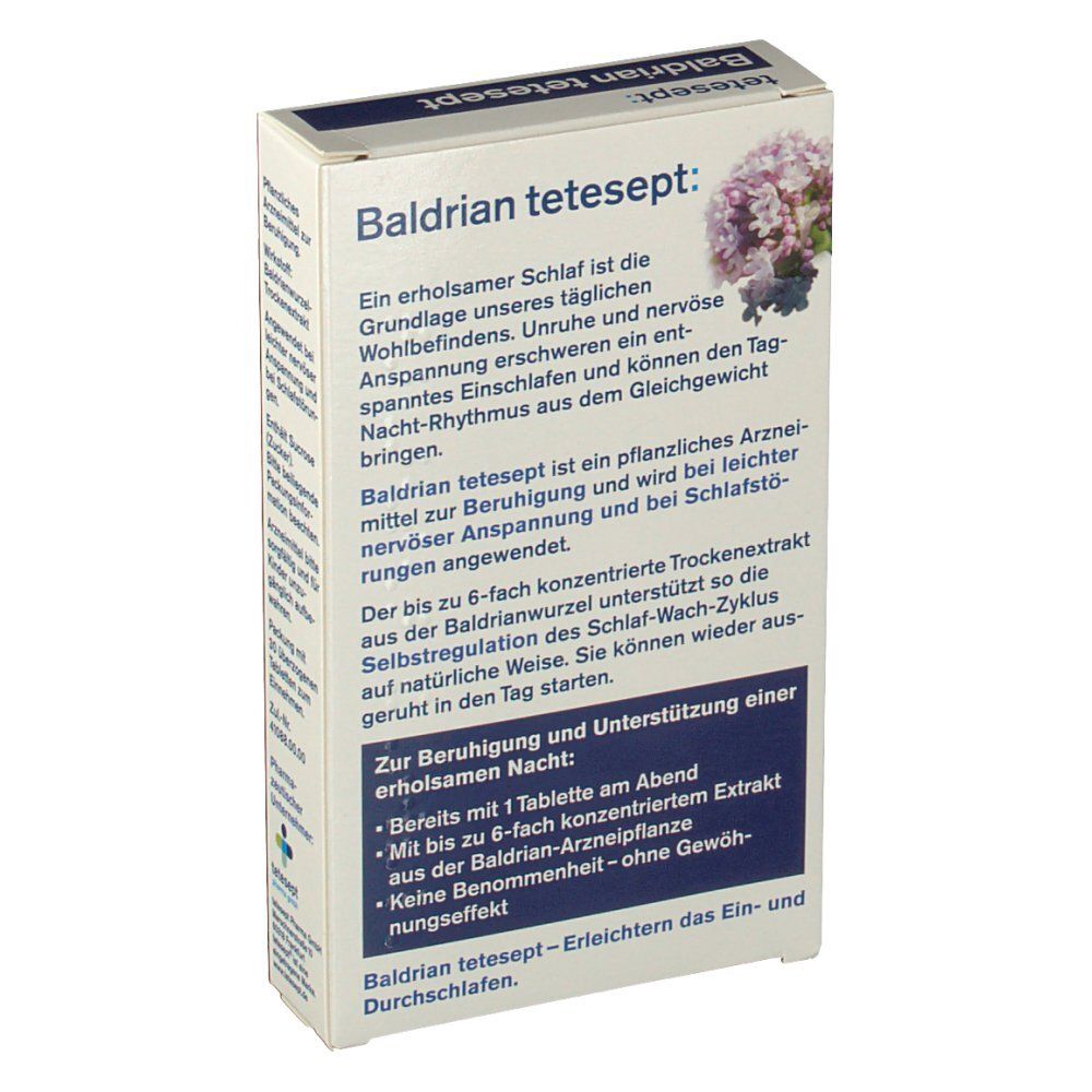 Rückseite der Schachtel tetesept® Baldrian Schlaf-Dragees. Text über Schlaf und Anwendung des Produkts.