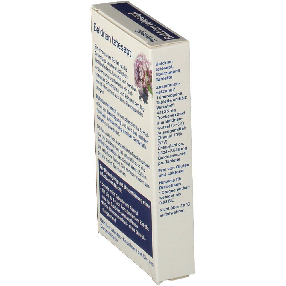 Schachtel tetesept® Baldrian Schlaf-Dragees. Rückseite mit Inhaltsstoffen und Anwendungshinweisen.