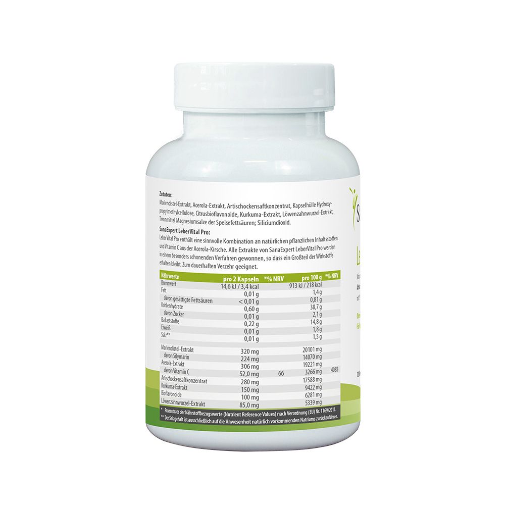 Rückseite der weißen Flasche SanaExpert LeberVital Pro. Nährwerttabelle und Zutatenliste.