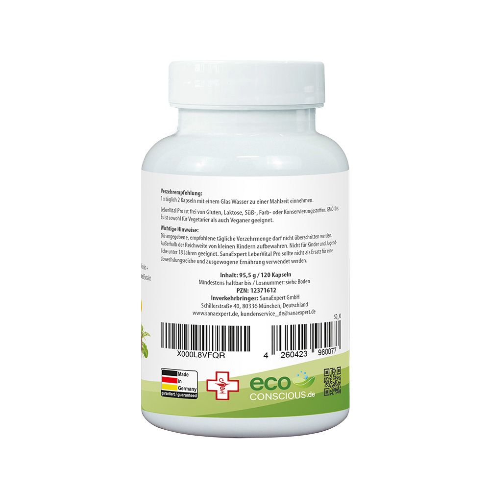 Rückseite der weißen Flasche SanaExpert LeberVital Pro. Dosierungshinweise und Herstellerinformationen.