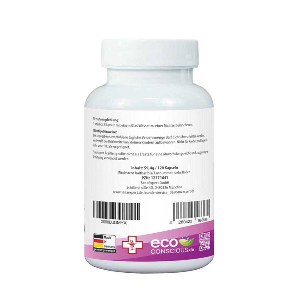 Rückseite der weißen Flasche mit SanaExpert Acai Berry Kapseln. Textinformationen, Chargennummer und Logo.
