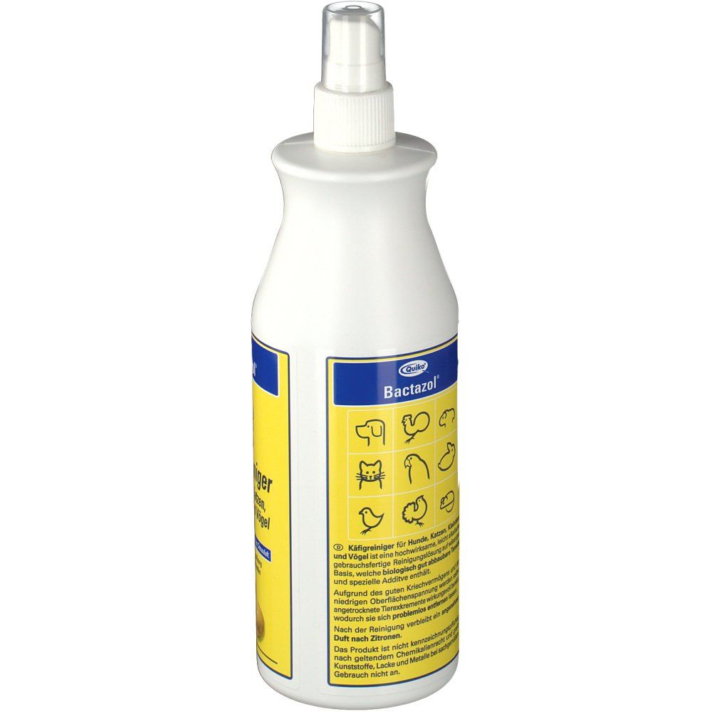 Rückseite der weißen Sprühflasche. Gelbes Etikett mit Produktinformationen und Piktogrammen von Tieren. Bactazol® Käfigreiniger.